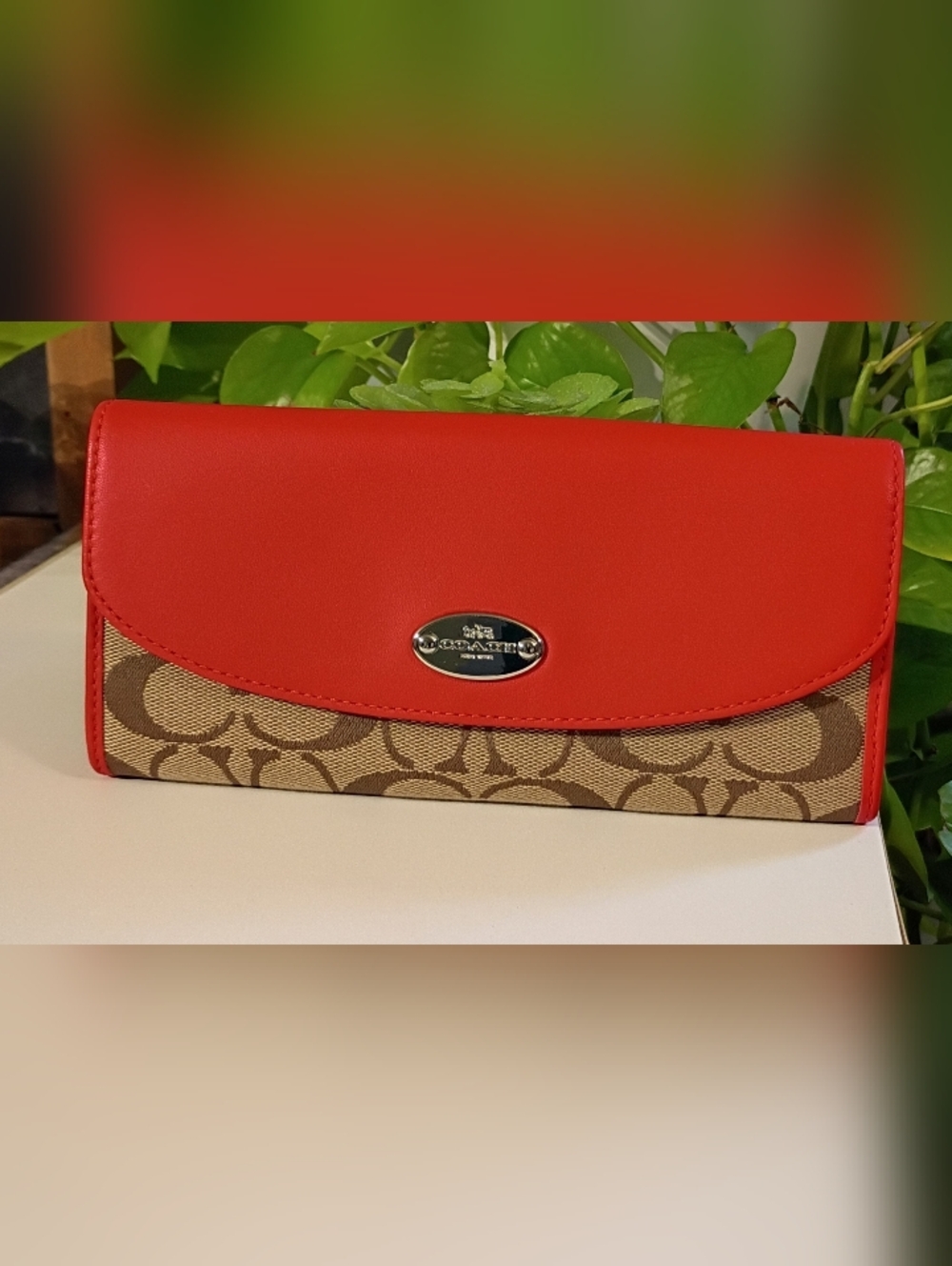Coach Red Leather & Signature Canvas Continental Wallet